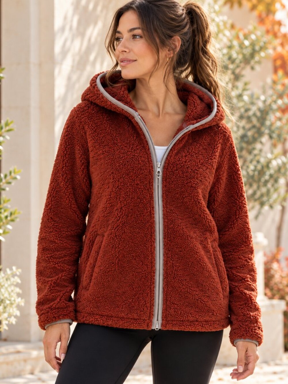 Athleta Sherpa Jacket Womens XL Rust Teddy Fleece Full Zip Hooded Hiking Cozy